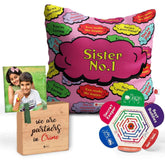 Cushion Gift for best Sister and Printed Wooden Plaque for Rakhi